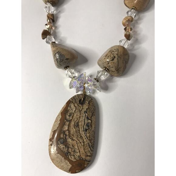 Bohemian Glass Beaded Necklace Agate Champagne Beige Stone Earthy Statement 20"" - Picture 2 of 10